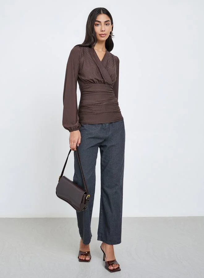Styli Styli Brown Ribbed V Neck Blouse