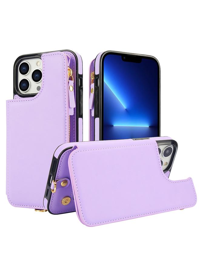 زبون جراب لهاتف iPhone 13 Pro Max، جراب هاتف جلدي مزدوج الغطاء وسحاب بتقنية RFID مع حبل قصير - Image 1