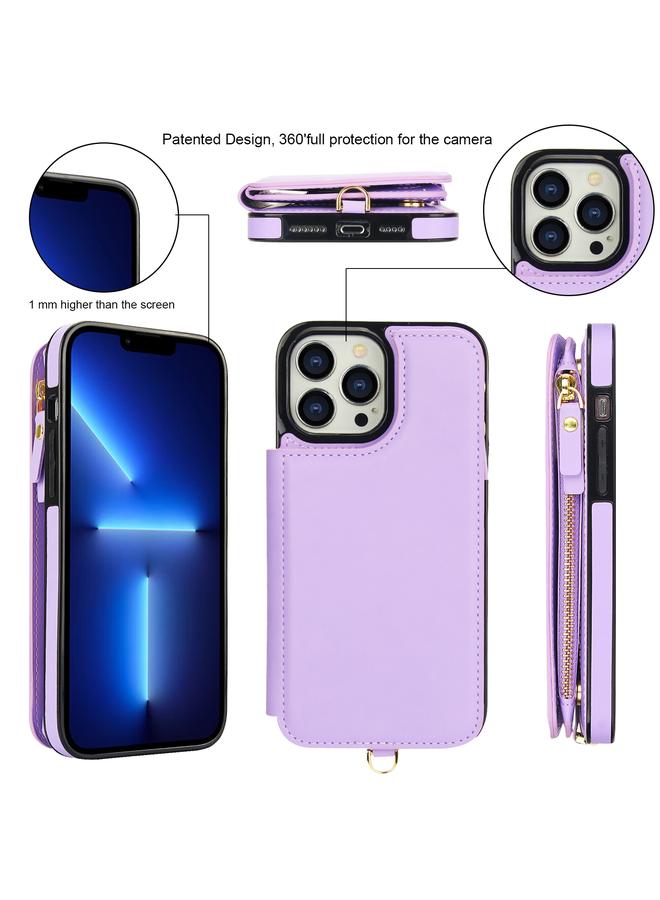 زبون جراب لهاتف iPhone 13 Pro Max، جراب هاتف جلدي مزدوج الغطاء وسحاب بتقنية RFID مع حبل قصير - Image 2