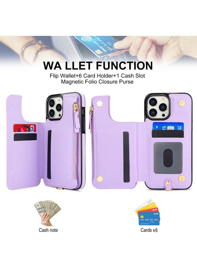 زبون جراب لهاتف iPhone 13 Pro Max، جراب هاتف جلدي مزدوج الغطاء وسحاب بتقنية RFID مع حبل قصير - Image 4