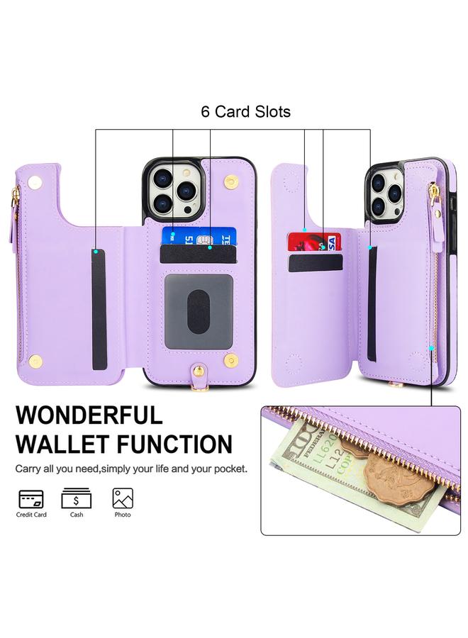 زبون جراب لهاتف iPhone 13 Pro Max، جراب هاتف جلدي مزدوج الغطاء وسحاب بتقنية RFID مع حبل قصير - Image 5