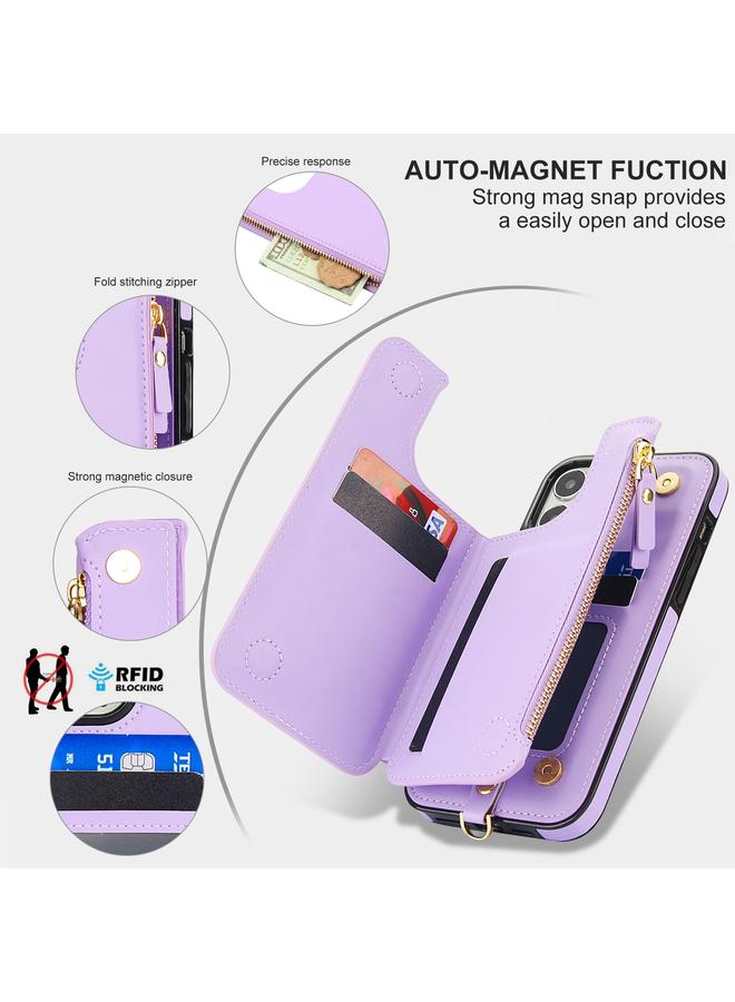 زبون جراب لهاتف iPhone 13 Pro Max، جراب هاتف جلدي مزدوج الغطاء وسحاب بتقنية RFID مع حبل قصير - Image 3