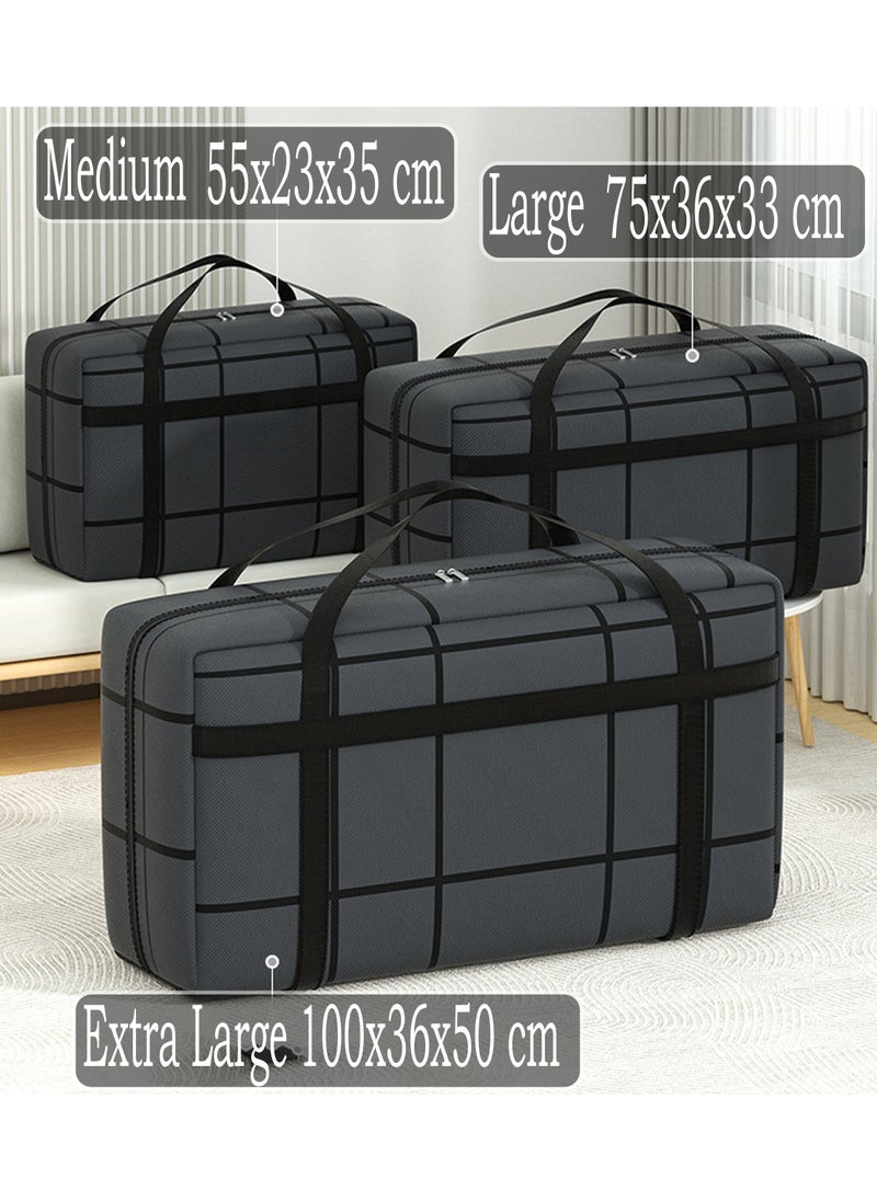 3pcs Waterproof Storage Bags Over Sized Large and Medium Thick Heavy Duty Moving Bags Storing Totes Strong Handles and Zip for Cloths Blankets Bedding Pillows Travel 3 Sizes 200L,150L,100L