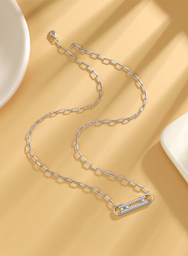 Moonmory Original Design Paper Clip 925 Sterling Silver Three Stone Move Pendant Necklace With Clear Zircon For Women  50CM Adjustable Classic Paperclip Chain Platinum Plated - Image 3
