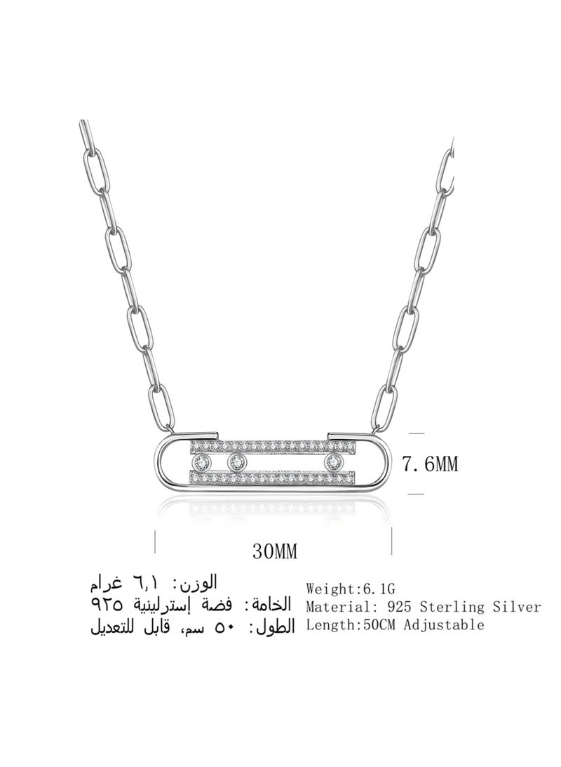 Moonmory Original Design Paper Clip 925 Sterling Silver Three Stone Move Pendant Necklace With Clear Zircon For Women  50CM Adjustable Classic Paperclip Chain Platinum Plated - Image 2