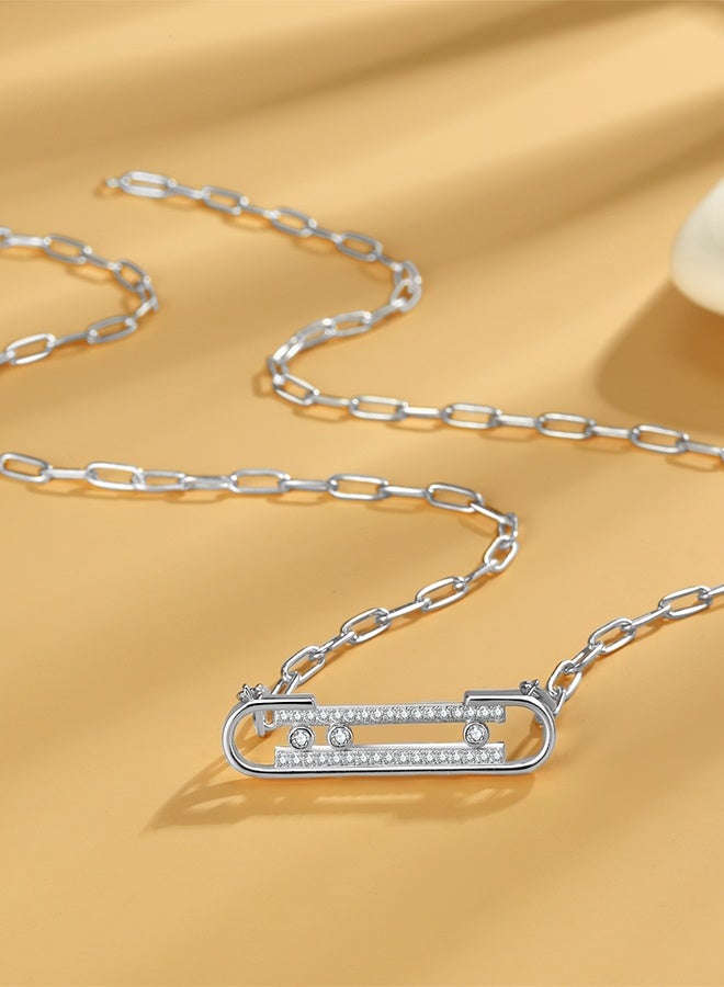 Moonmory Original Design Paper Clip 925 Sterling Silver Three Stone Move Pendant Necklace With Clear Zircon For Women  50CM Adjustable Classic Paperclip Chain Platinum Plated - Image 4