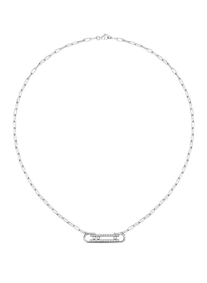 Moonmory Original Design Paper Clip 925 Sterling Silver Three Stone Move Pendant Necklace With Clear Zircon For Women  50CM Adjustable Classic Paperclip Chain Platinum Plated - Image 5