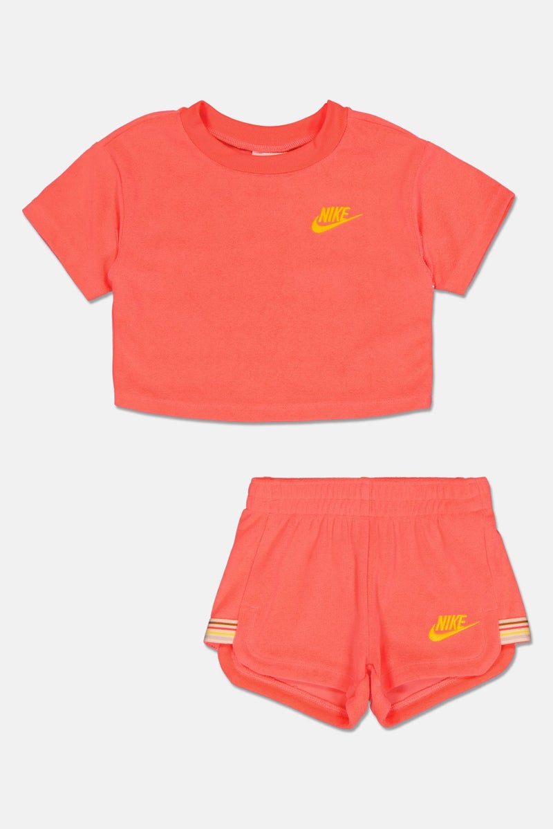 Nike Toddlers Girl 2 Pcs Embroidered Logo Top And Shorts Set, Bright Peach - Image 2
