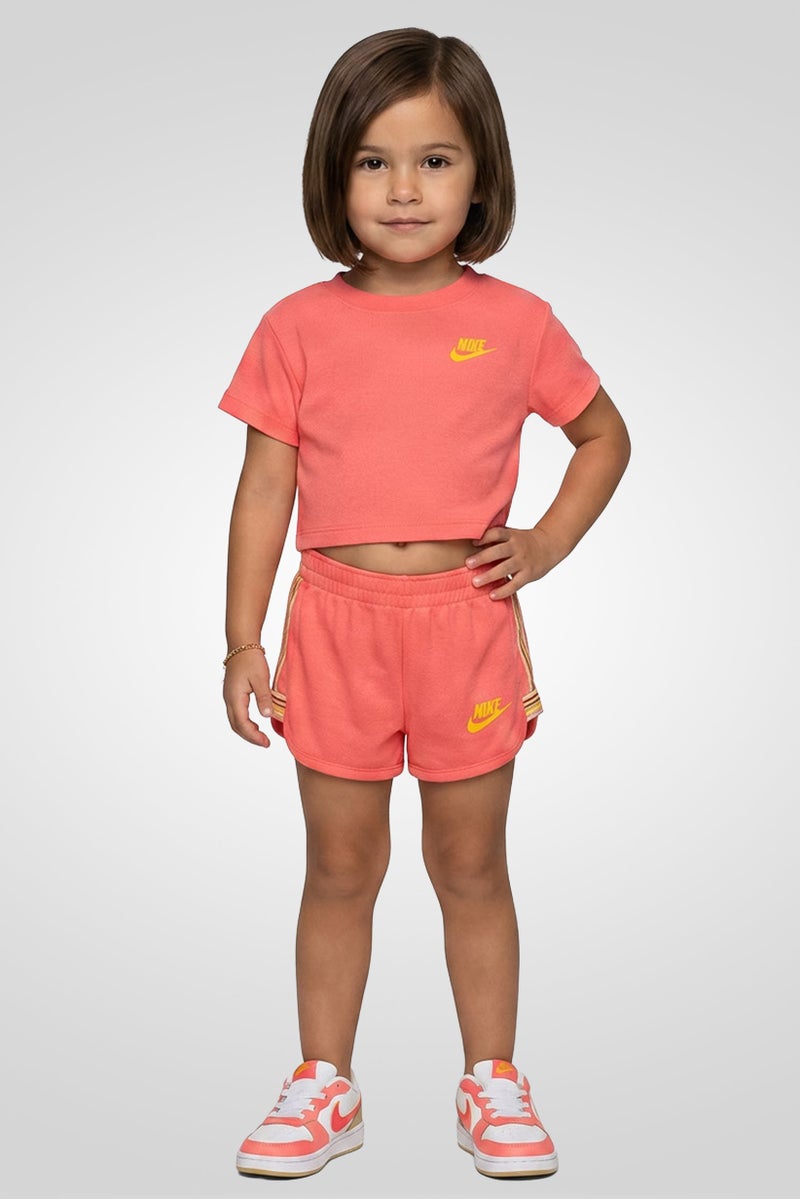 Nike Toddlers Girl 2 Pcs Embroidered Logo Top And Shorts Set, Bright Peach - Image 1
