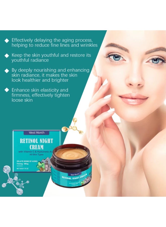 WEST MONTH Retinol Night Cream  with Vitamin C and Hyaluronic Acid, Anti-Aging Moisturizer for Firming, Lifting, Hydration, Wrinkle Care, Suitable for All Skin Types, 50g - Image 2