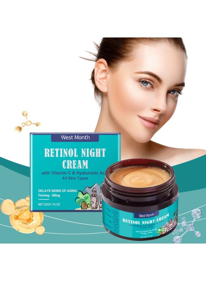 WEST MONTH Retinol Night Cream  with Vitamin C and Hyaluronic Acid, Anti-Aging Moisturizer for Firming, Lifting, Hydration, Wrinkle Care, Suitable for All Skin Types, 50g - Image 1