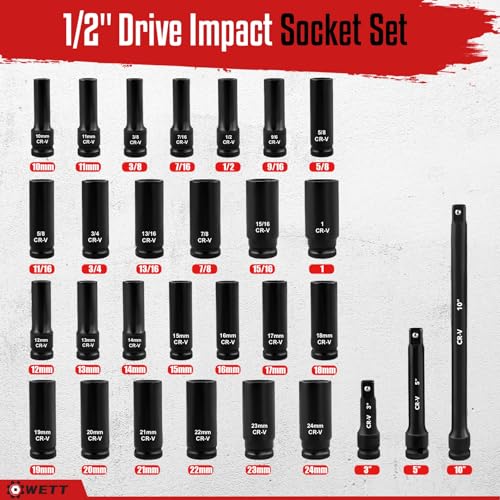 WETT 1/2" Drive Impact Socket Set, 29 Piece Deep Socket with Extension Bar, Cr-V Steel, SAE & Metric, 6 Point, (3/8" - 1", 10-24mm) - Image 2