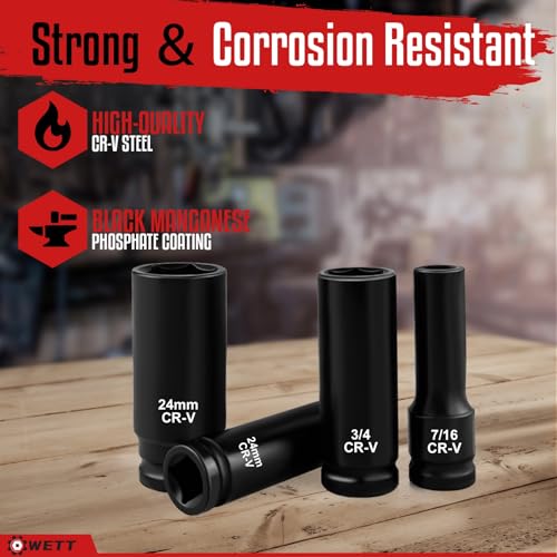 WETT 1/2" Drive Impact Socket Set, 29 Piece Deep Socket with Extension Bar, Cr-V Steel, SAE & Metric, 6 Point, (3/8" - 1", 10-24mm) - Image 5