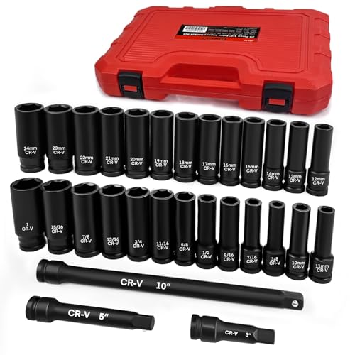 WETT 1/2" Drive Impact Socket Set, 29 Piece Deep Socket with Extension Bar, Cr-V Steel, SAE & Metric, 6 Point, (3/8" - 1", 10-24mm) - Image 1