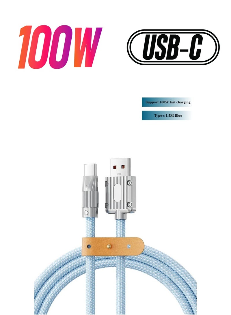 Type C  6A Super Fast Charging Braided Data Cable 1.5M Blue for Huawei P60/P50/P40/Mate30/20/10, Samsung S23/22/21, Xiaomi M13/M12/M11, Oppo, etc. - Image 1