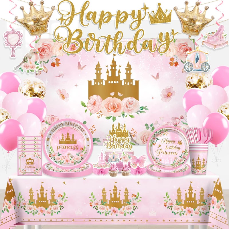 cocomigo 221Pcs Princess Birthday Party Decorations Serves 25 Guests Princess Party Decorations Includes Backdrop Banner Plates Tablecloth Cake Topper Cupcake Toppers Honeycomb Centerpieces - Image 2