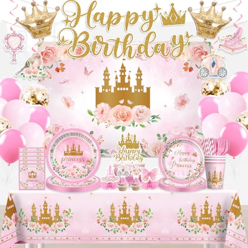 cocomigo 221Pcs Princess Birthday Party Decorations Serves 25 Guests Princess Party Decorations Includes Backdrop Banner Plates Tablecloth Cake Topper Cupcake Toppers Honeycomb Centerpieces - Image 1
