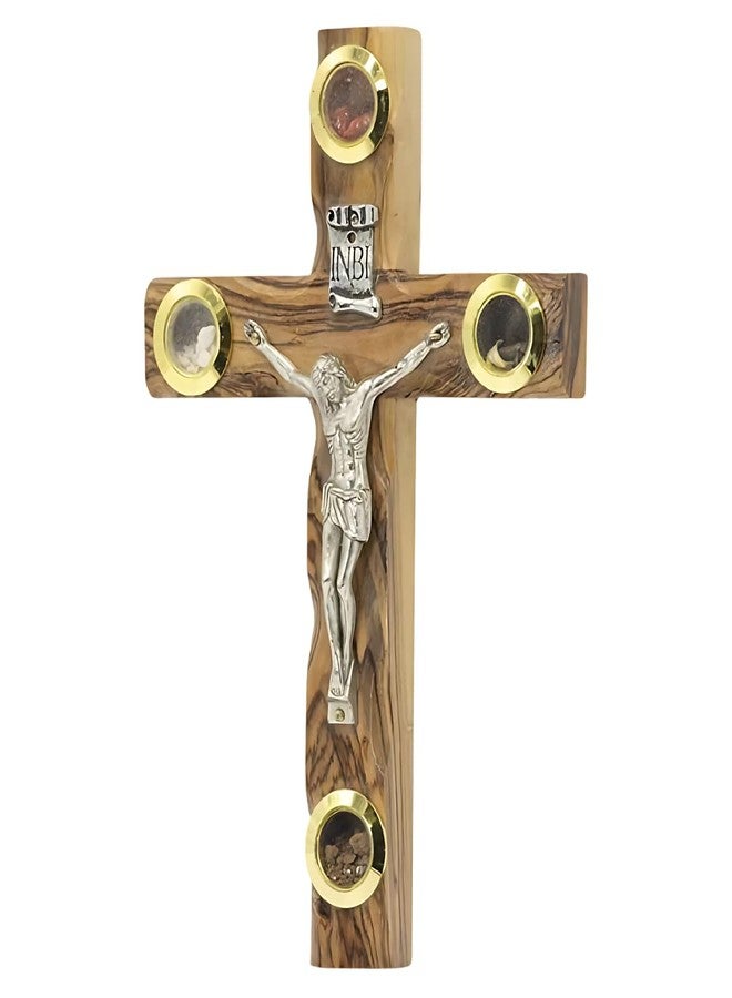 Spring Nahal Orthodox Olive Wood Crucifix with 4 Holy Land Lenses, Handcrafted Christian Cross with Jesus Figure, Made in Bethlehem (12 cm / 4.7") - Image 1