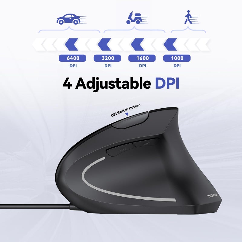TECKNET Wired Mouse, 6400 DPI Ergonomic Mouse 6 Buttons Silent Mice 4 Adjustable DPI Vertical Mouse Compatible with Windows/Chrome/Laptop/Computer - Image 4
