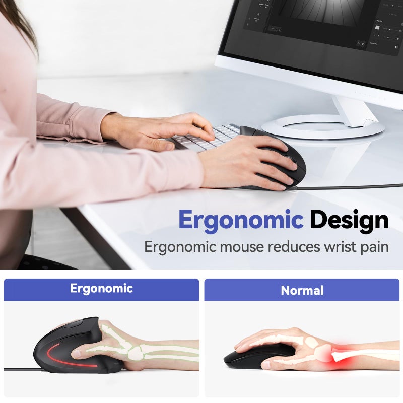 TECKNET Wired Mouse, 6400 DPI Ergonomic Mouse 6 Buttons Silent Mice 4 Adjustable DPI Vertical Mouse Compatible with Windows/Chrome/Laptop/Computer - Image 3