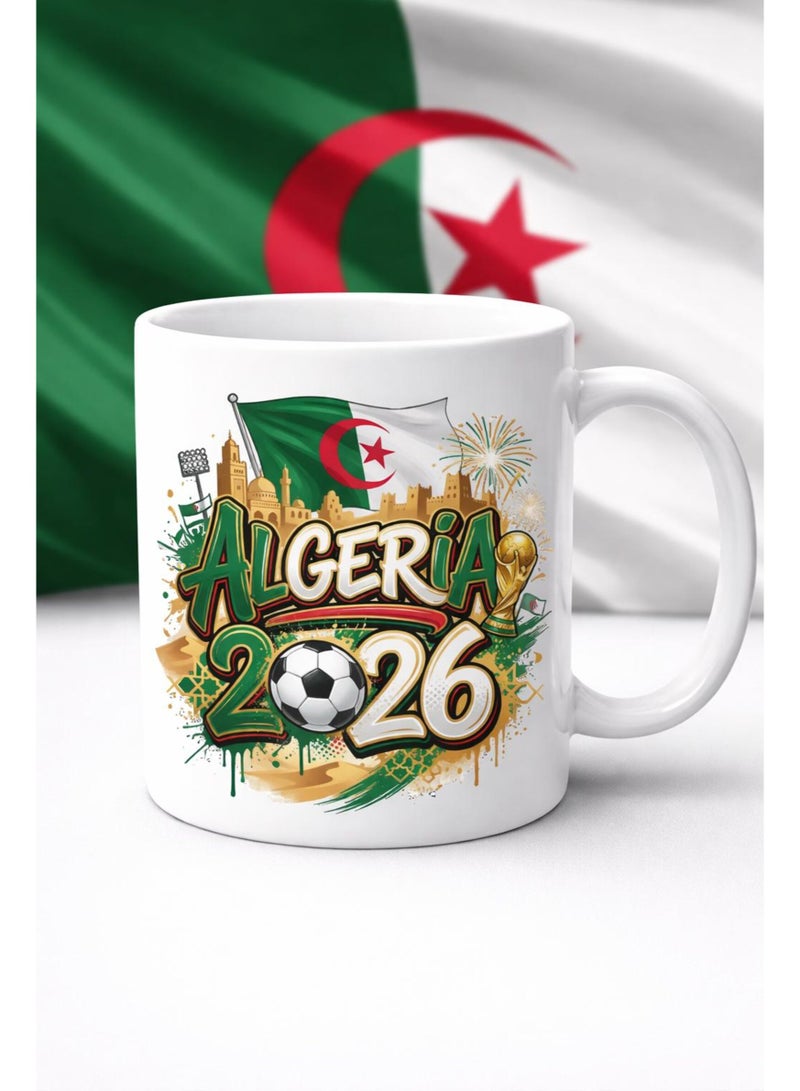كوب قهوة شاي بتصميم كأس العالم 2026 الجزائر، أبيض