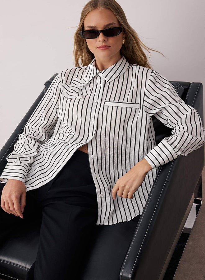 trendyol White Collar Floral Detailed Striped Shirt - Image 2