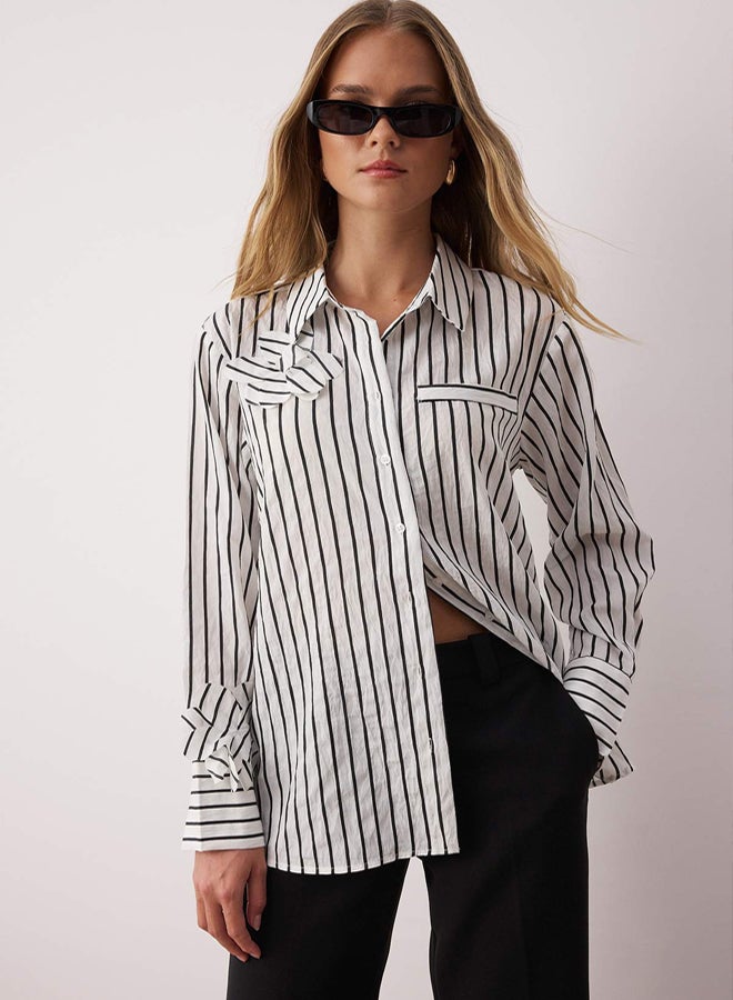 trendyol White Collar Floral Detailed Striped Shirt - Image 1