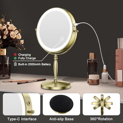 Matekxy 8" Lighted Makeup Mirror with Magnification - 1X/10X Magnifying Desk Mirror with Rechargeable LED Lights, 3 Colors Dimmable Tabletop Mirror, Brass Gold - Image 4