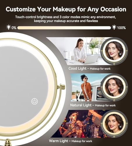 Matekxy 8" Lighted Makeup Mirror with Magnification - 1X/10X Magnifying Desk Mirror with Rechargeable LED Lights, 3 Colors Dimmable Tabletop Mirror, Brass Gold - Image 3