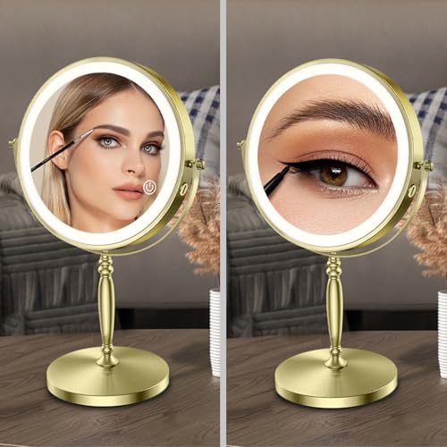 Matekxy 8" Lighted Makeup Mirror with Magnification - 1X/10X Magnifying Desk Mirror with Rechargeable LED Lights, 3 Colors Dimmable Tabletop Mirror, Brass Gold - Image 5