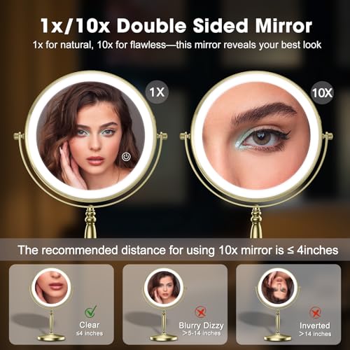 Matekxy 8" Lighted Makeup Mirror with Magnification - 1X/10X Magnifying Desk Mirror with Rechargeable LED Lights, 3 Colors Dimmable Tabletop Mirror, Brass Gold - Image 2