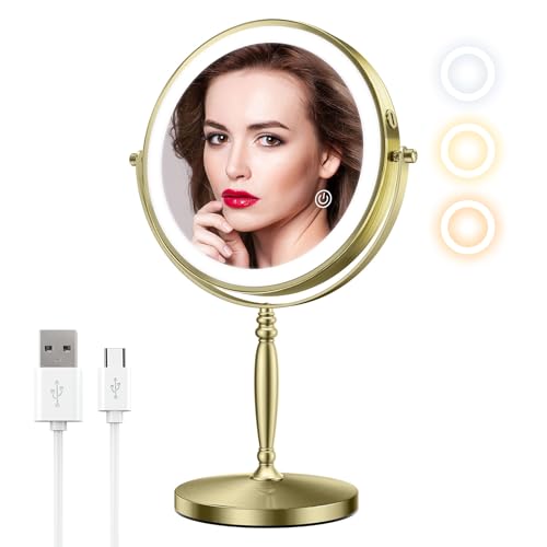 Matekxy 8" Lighted Makeup Mirror with Magnification - 1X/10X Magnifying Desk Mirror with Rechargeable LED Lights, 3 Colors Dimmable Tabletop Mirror, Brass Gold - Image 1
