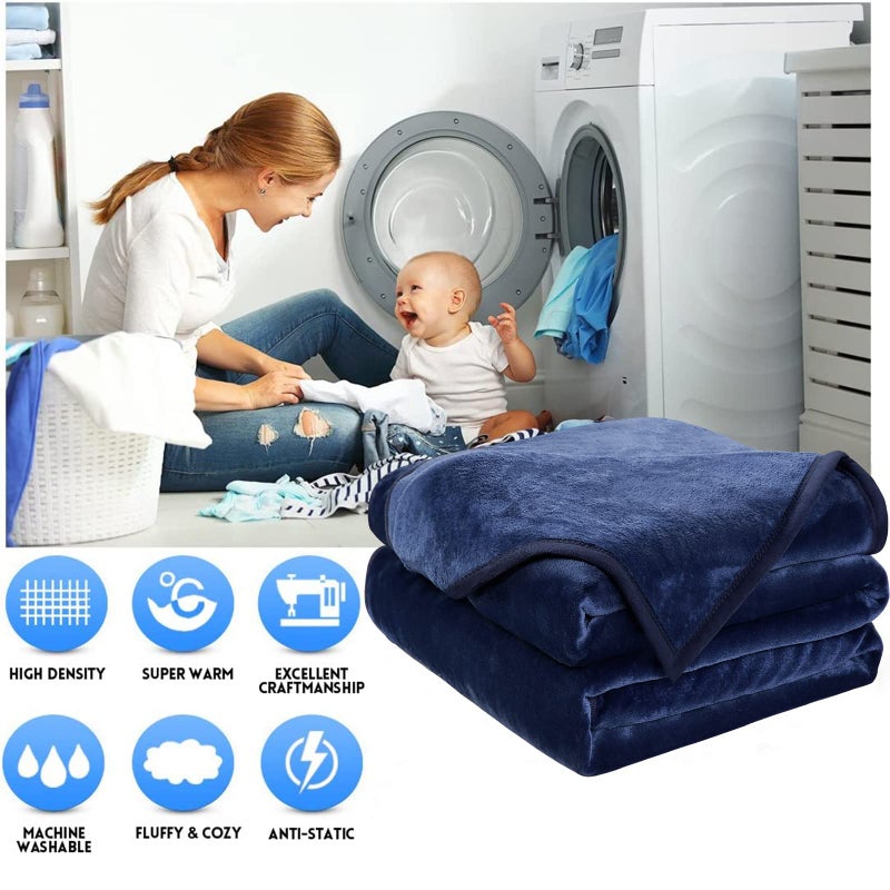 EASELAND Soft Queen Size Blanket Warm Fuzzy Microplush Lightweight Thermal Fleece Blankets for Couch Bed Sofa,90x90 Inches,Dark Blue - Image 2