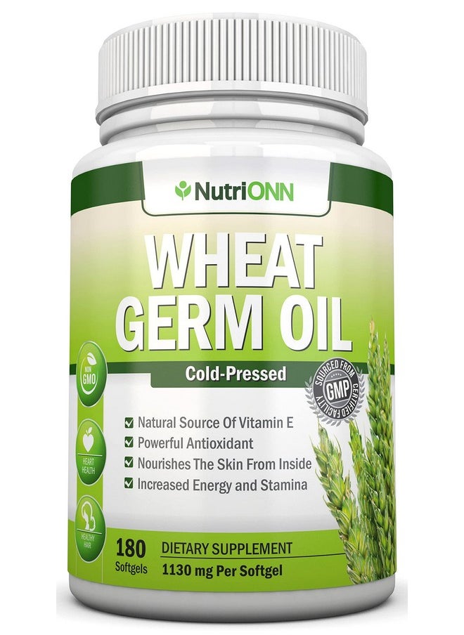 NutriONN Wheat Germ Oil 1130Mg 180 Softgels Coldpressed & Non Gmo Natural Source Of Vitamin E Nourished Skin And Healthy Hair Heart Health Powerful Antioxidant Increased Energy And Stamina  - Image 1