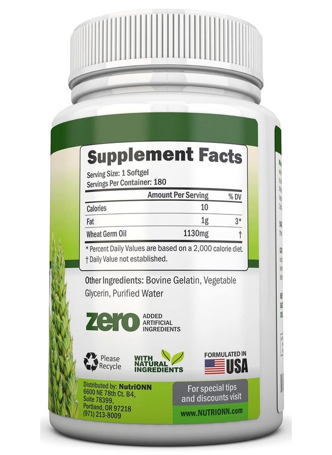 NutriONN Wheat Germ Oil 1130Mg 180 Softgels Coldpressed & Non Gmo Natural Source Of Vitamin E Nourished Skin And Healthy Hair Heart Health Powerful Antioxidant Increased Energy And Stamina  - Image 2