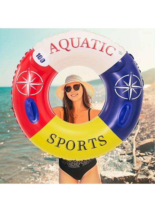 Goolsky 1pc Thick PVC Inflatable Swimming Ring with Handle - Red & Blue Compass Design, Durable Pool Float for Summer Beach, Sunbathing, and Water Activities - Image 4