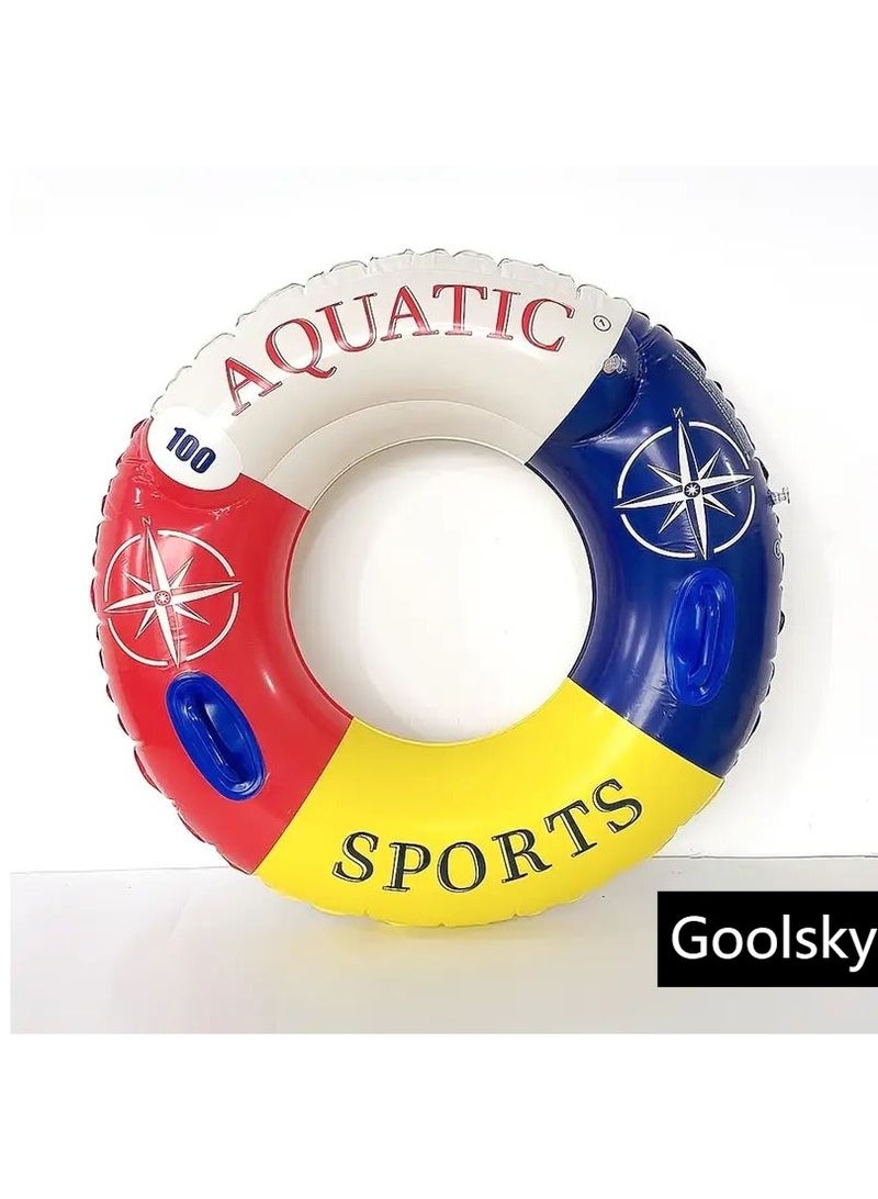Goolsky 1pc Thick PVC Inflatable Swimming Ring with Handle - Red & Blue Compass Design, Durable Pool Float for Summer Beach, Sunbathing, and Water Activities - Image 1