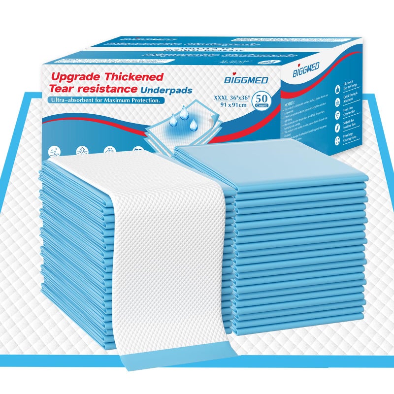 BIGGMED Tear-Resistant Disposable Bed Pads 36" x 36" 50 Count Super Absorbent Underpads, Chux Thicker Extra Large Incontinence Bed Pads, Pee Pads for Adults, Kids, Elderly, Pets - Image 1