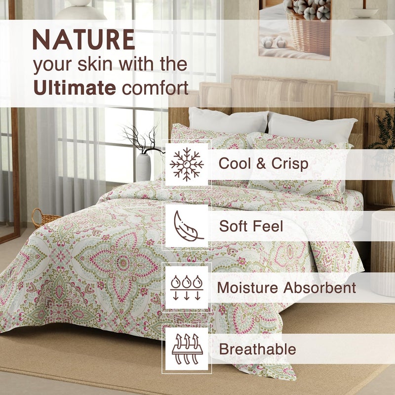 Color Sense COLOR SENSE Serenity Cotton Double Bedsheet Set Oeko Tex Certified 1 Double Premium Cotton Bedsheet 2 Pillow Covers Breathable AntiWrinkle 200 TC 88x100CM Ethnic Print Purple White  - Image 3