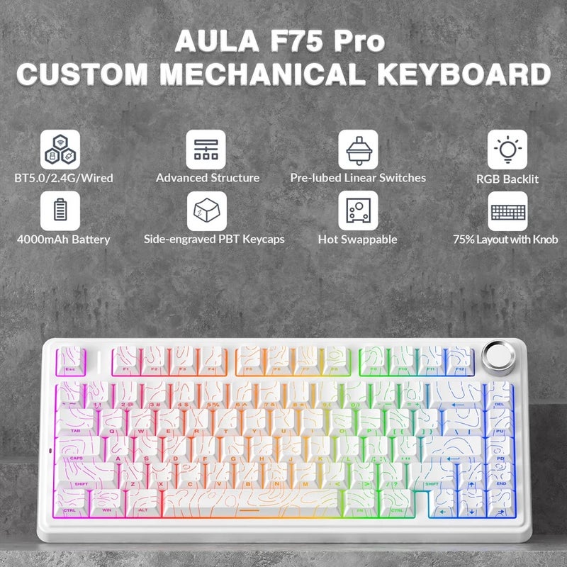 Aula F75 Pro Wireless Mechanical Gaming Keyboard, 75% Layout, Gasket Mounted, Side-Engraved PBT Keycaps, RGB - Image 2