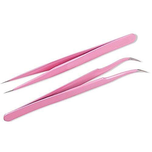 Onwon 2 Pcs Pink Stainless Steel Tweezers for Eyelash Extensions Straight and Curved Tip Tweezers Nippers False Lash Application Tools