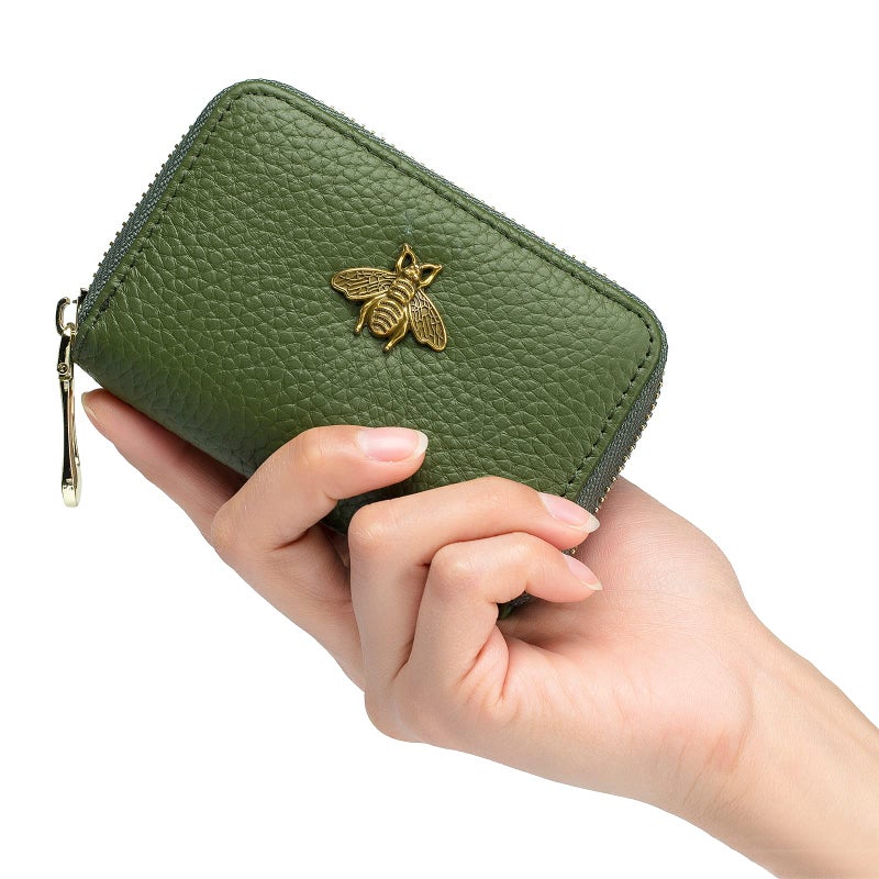 imeetu RFID Credit Card Holder, Small Leather Zipper Card Case Wallet for Women (Lite,Olive Green) - Image 2