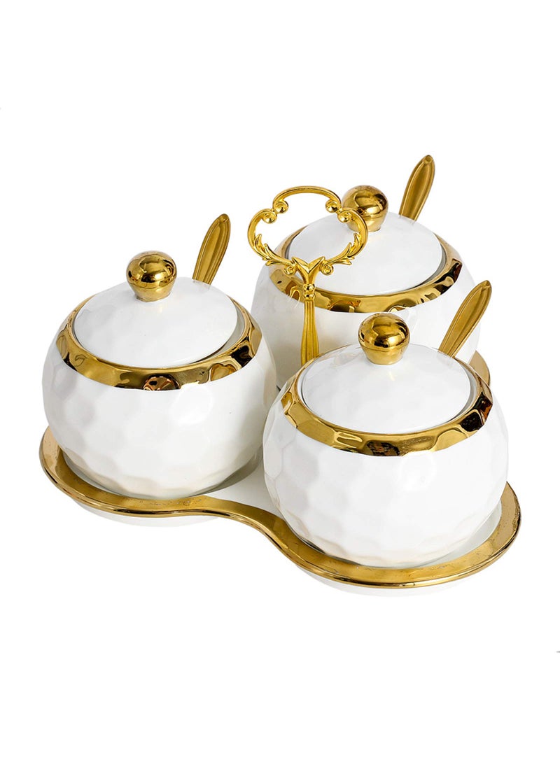 BIHOIB BIHOIB Golf Porcelain Sugar Bowl Condiment Pot Salt Container with Lid  Spoon and Tray  Set of 3  Modern Spice Box Seasoning Jar  White and Gold  - Image 1