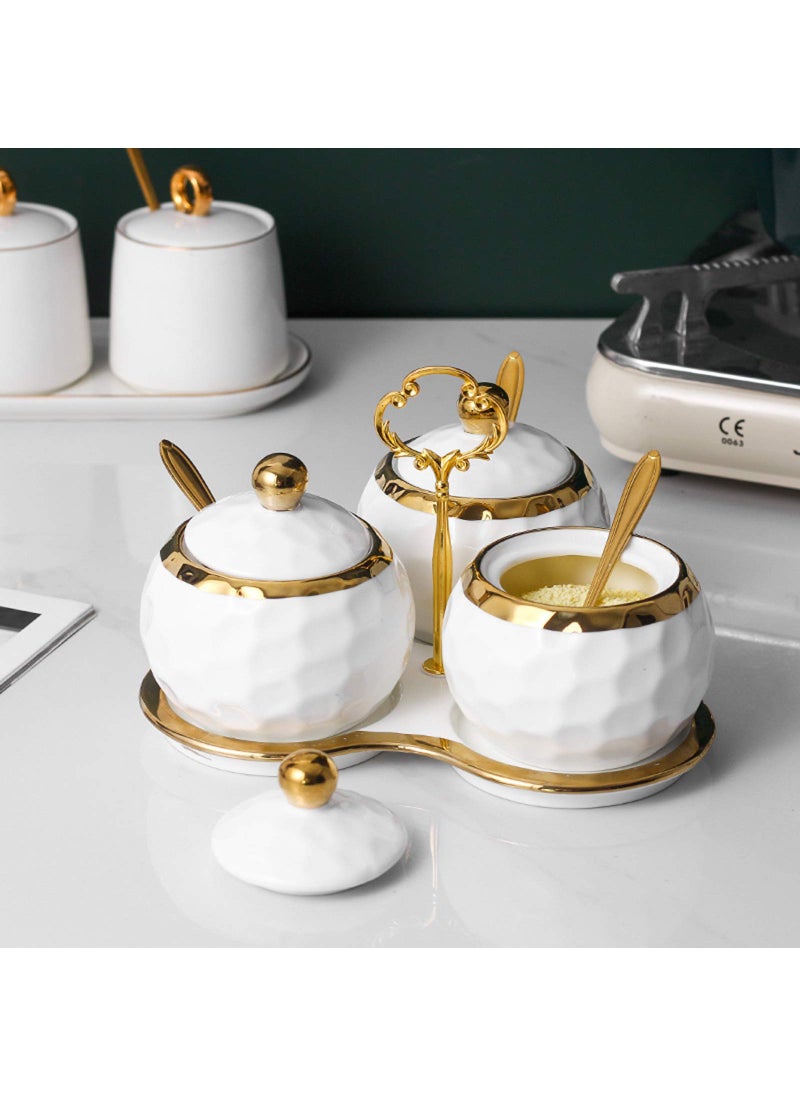 BIHOIB BIHOIB Golf Porcelain Sugar Bowl Condiment Pot Salt Container with Lid  Spoon and Tray  Set of 3  Modern Spice Box Seasoning Jar  White and Gold  - Image 2