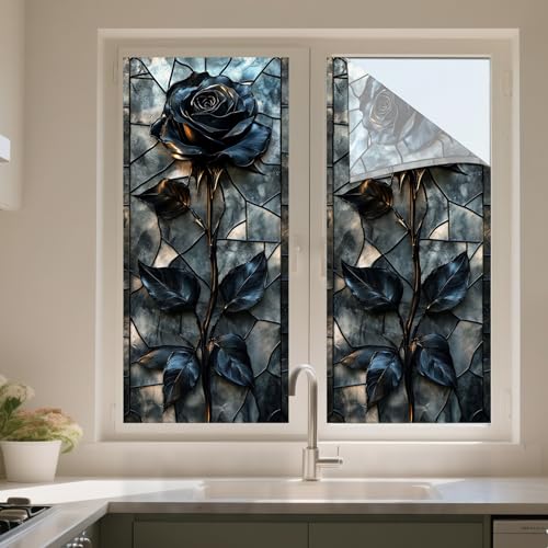 IVN Privacy Window Film Stained Glass Window Cling Blue Rose Design Static Cling Glass Film for Bathroom Kitchen Door Panel 17.7 x 39.3 Inch - Image 5
