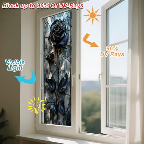 IVN Privacy Window Film Stained Glass Window Cling Blue Rose Design Static Cling Glass Film for Bathroom Kitchen Door Panel 17.7 x 39.3 Inch - Image 4