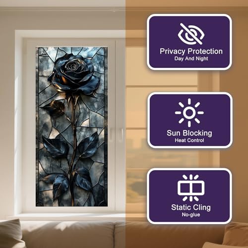 IVN Privacy Window Film Stained Glass Window Cling Blue Rose Design Static Cling Glass Film for Bathroom Kitchen Door Panel 17.7 x 39.3 Inch - Image 2