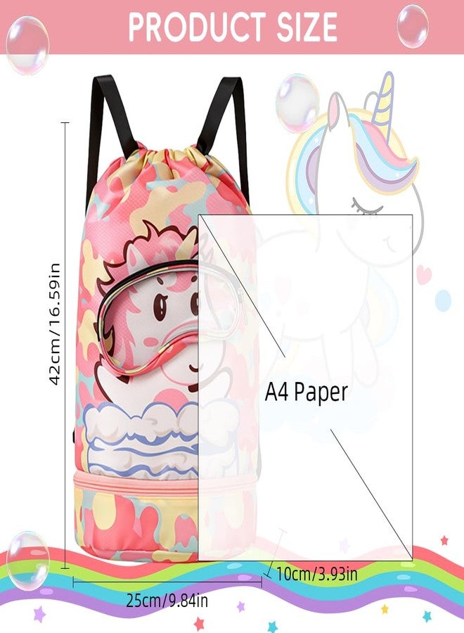 Proberos® Swim Bag for Kids, Waterproof Drawstring Backpack, with Shoe Compartment & Dry-Wet Separation Design Cartoon Print Drawstring Backpack Kids Travel Backpack Swimming Bag Activitiy Bag, Pink - Image 1