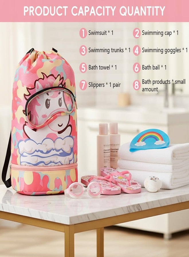 Proberos® Swim Bag for Kids, Waterproof Drawstring Backpack, with Shoe Compartment & Dry-Wet Separation Design Cartoon Print Drawstring Backpack Kids Travel Backpack Swimming Bag Activitiy Bag, Pink - Image 3