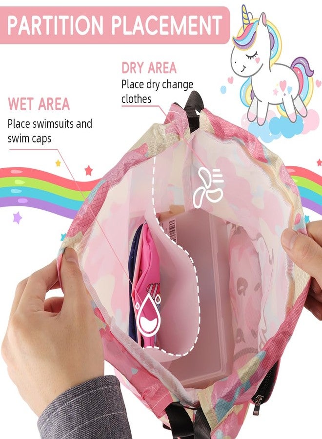 Proberos® Swim Bag for Kids, Waterproof Drawstring Backpack, with Shoe Compartment & Dry-Wet Separation Design Cartoon Print Drawstring Backpack Kids Travel Backpack Swimming Bag Activitiy Bag, Pink - Image 4